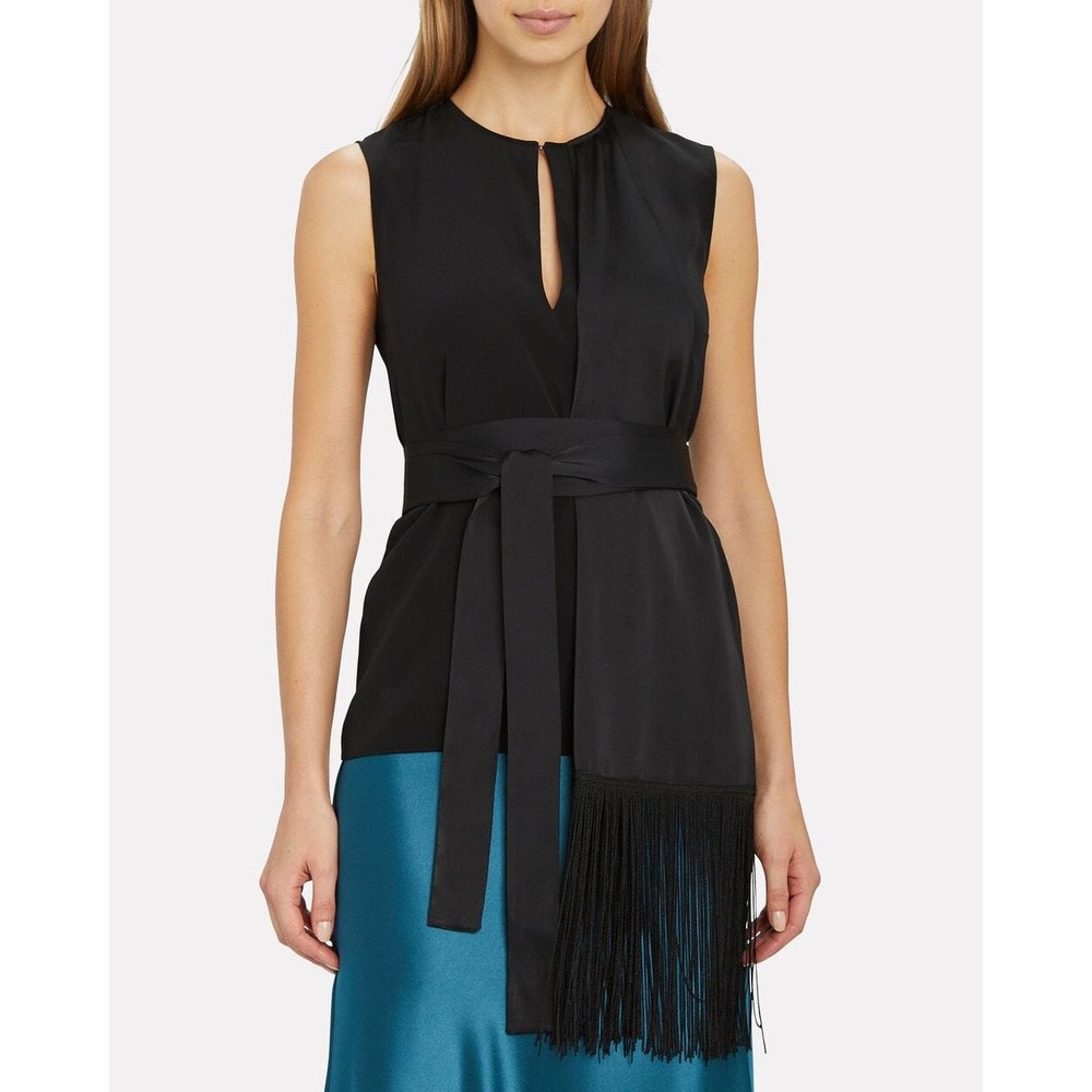VICTORIA BECKHAM Fringe Scarf Top Women 4 Black Sleeveless Belted Asymmetric